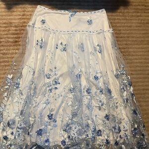 White Top and Skirt with Blue Floral Embroidery